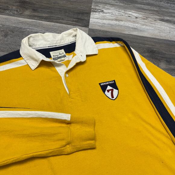 Vintage 90s Y2K American Eagle #7 Yellow Mens Large Long Sleeve Rugby Polo Shirt - Picture 1 of 11
